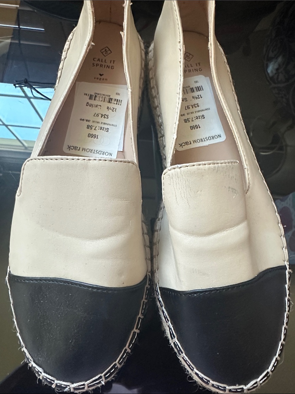 Call It Spring Cream and Black Two-Tone Espadrille Slip-Ons